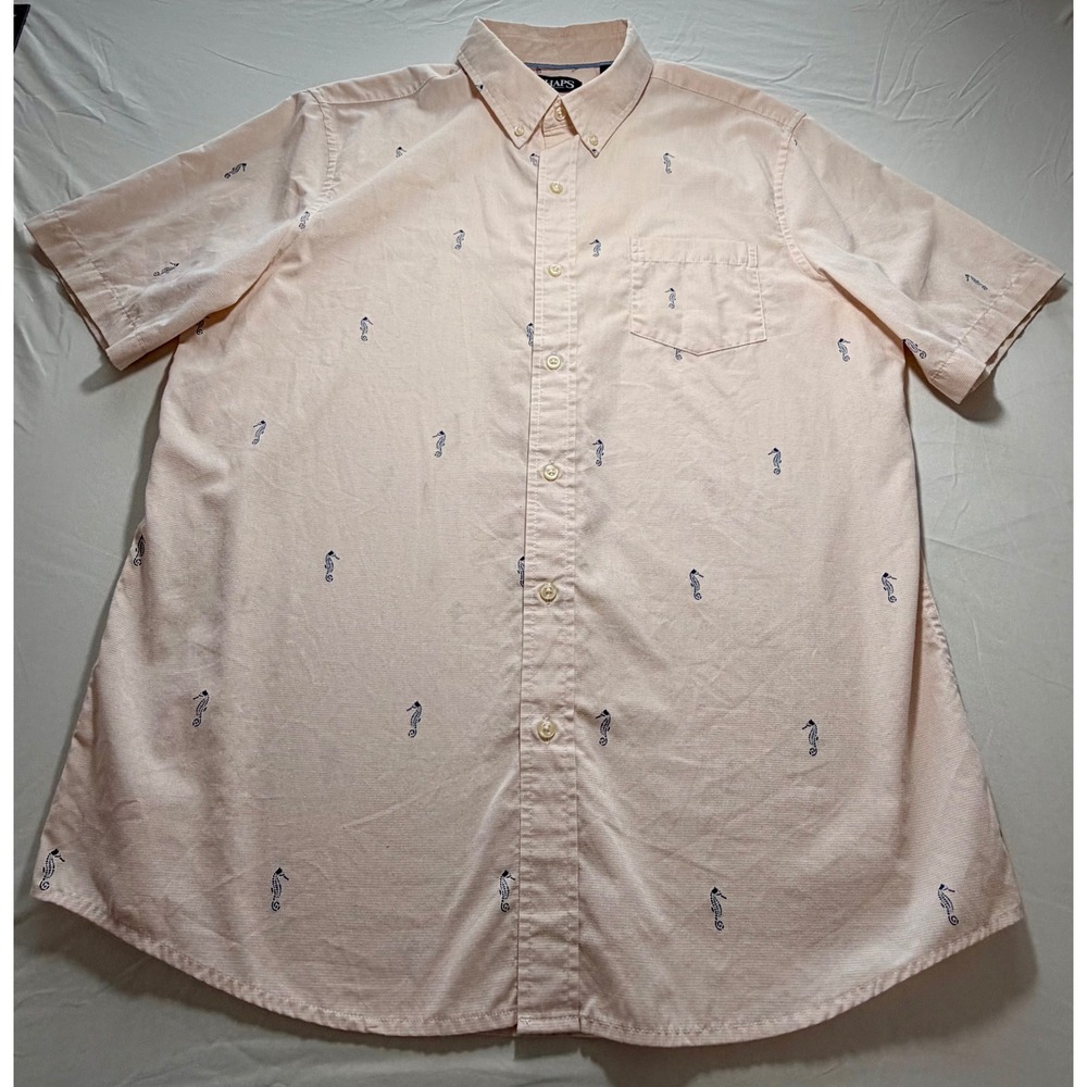 Chaps‎ Mens Large Peach Seahorse Print Short Sleeve Button Down Shirt Easy Care